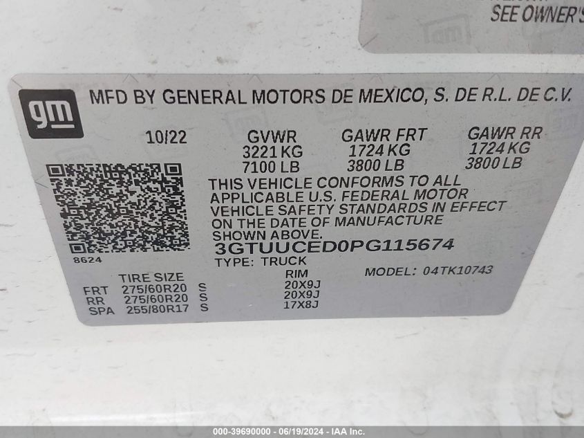 2023 GMC Sierra 1500 Elevation VIN: 3GTUUCED0PG115674 Lot: 39690000