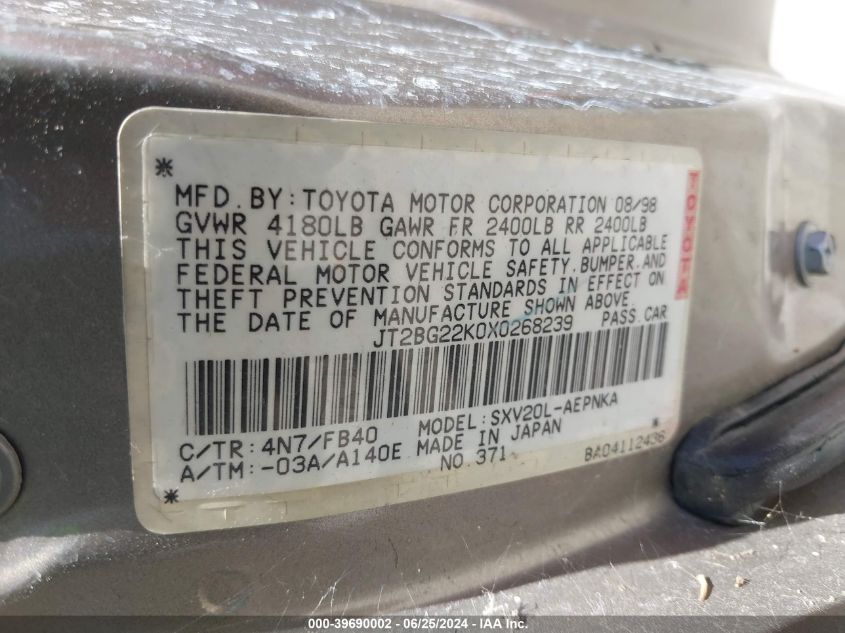 1999 Toyota Camry Le VIN: JT2BG22K0X0268239 Lot: 39690002