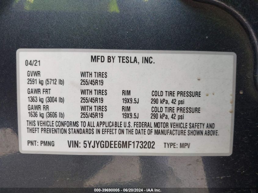 2021 Tesla Model Y Long Range Dual Motor All-Wheel Drive VIN: 5YJYGDEE6MF173202 Lot: 39690005