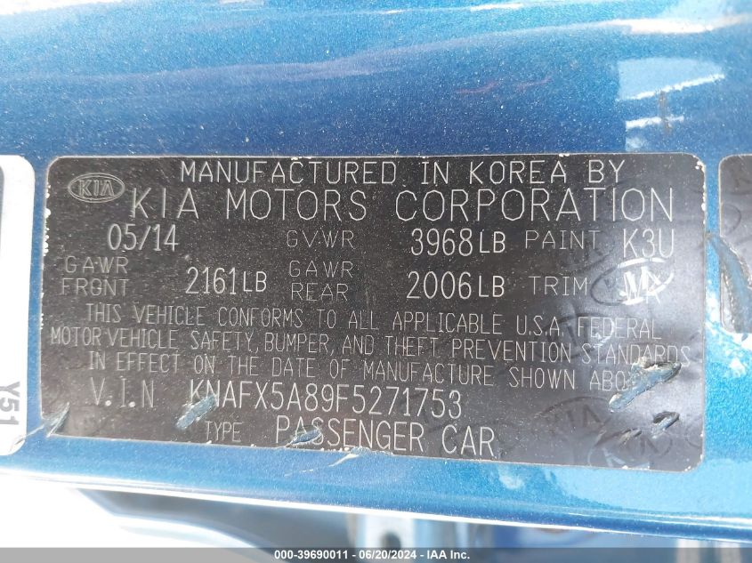 2015 Kia Forte Ex VIN: KNAFX5A89F5271753 Lot: 39690011