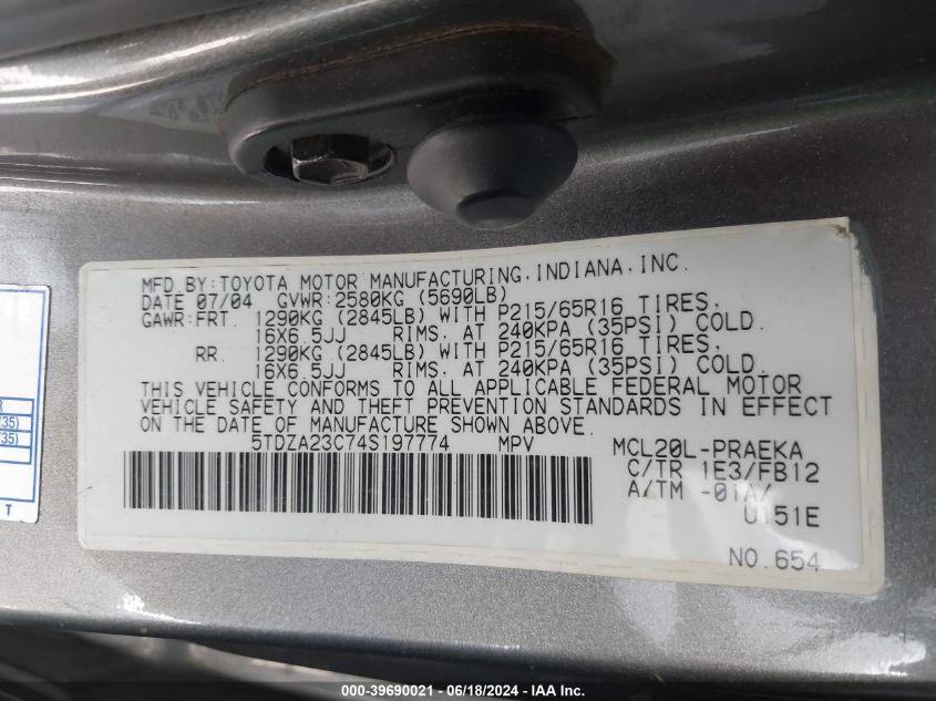 2004 Toyota Sienna Le VIN: 5TDZA23C74S197774 Lot: 39690021