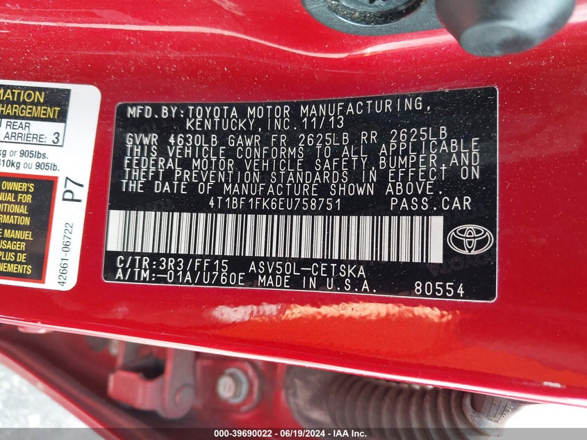 2014 Toyota Camry Se VIN: 4T1BF1FK6EU758751 Lot: 39690022