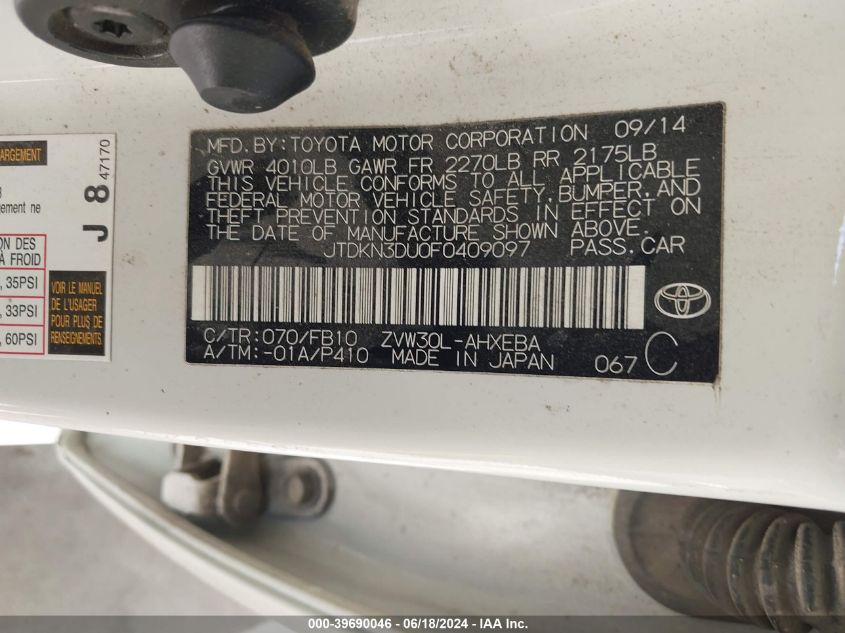 2015 Toyota Prius Three VIN: JTDKN3DU0F0409097 Lot: 39690046