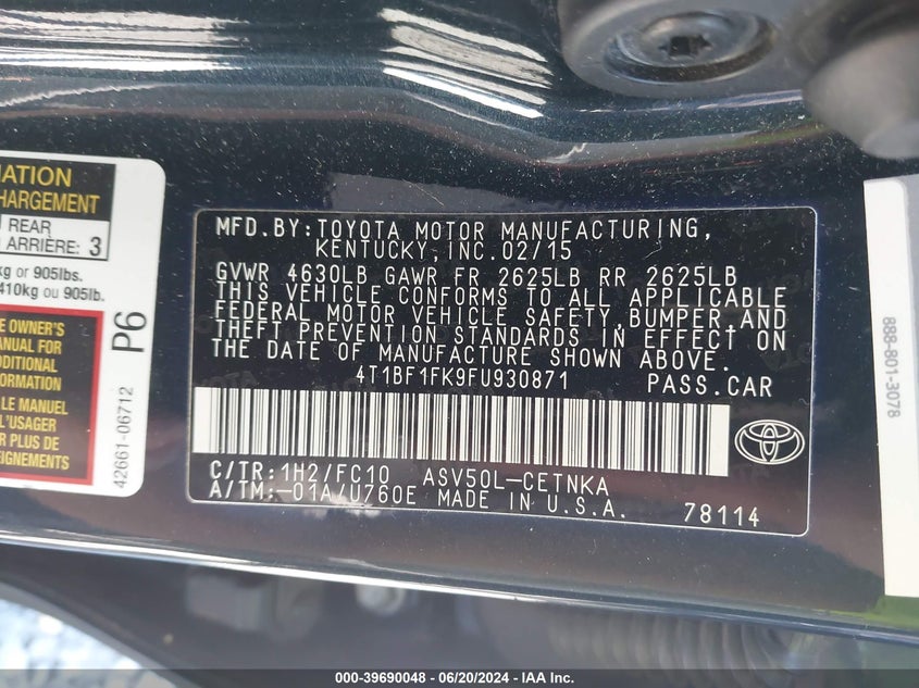 2015 Toyota Camry Le VIN: 4T1BF1FK9FU930871 Lot: 39690048