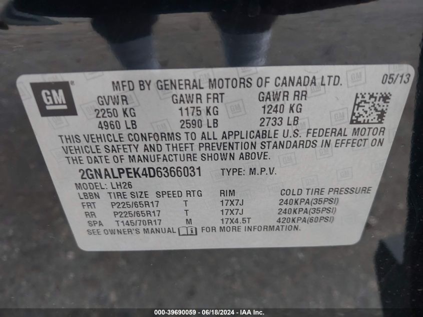 2013 Chevrolet Equinox Lt VIN: 2GNALPEK4D6366031 Lot: 39690059