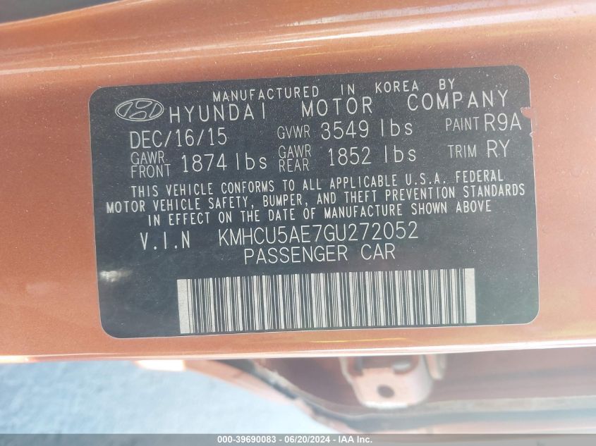 2016 Hyundai Accent Sport VIN: KMHCU5AE7GU272052 Lot: 39690083