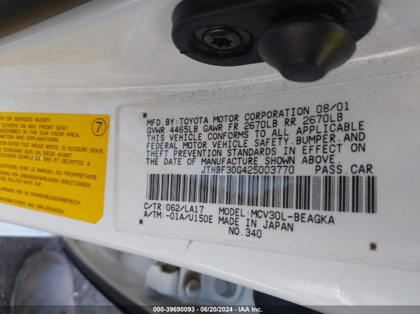 2002 Lexus Es 300 VIN: JTHBF30G425003770 Lot: 39690093