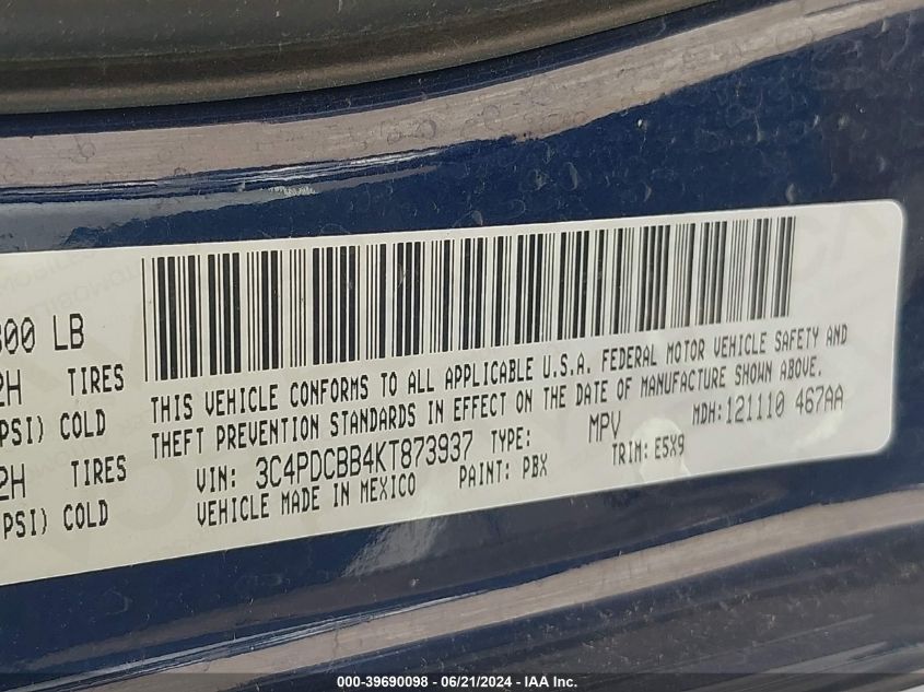 2019 Dodge Journey Se VIN: 3C4PDCBB4KT873937 Lot: 39690098