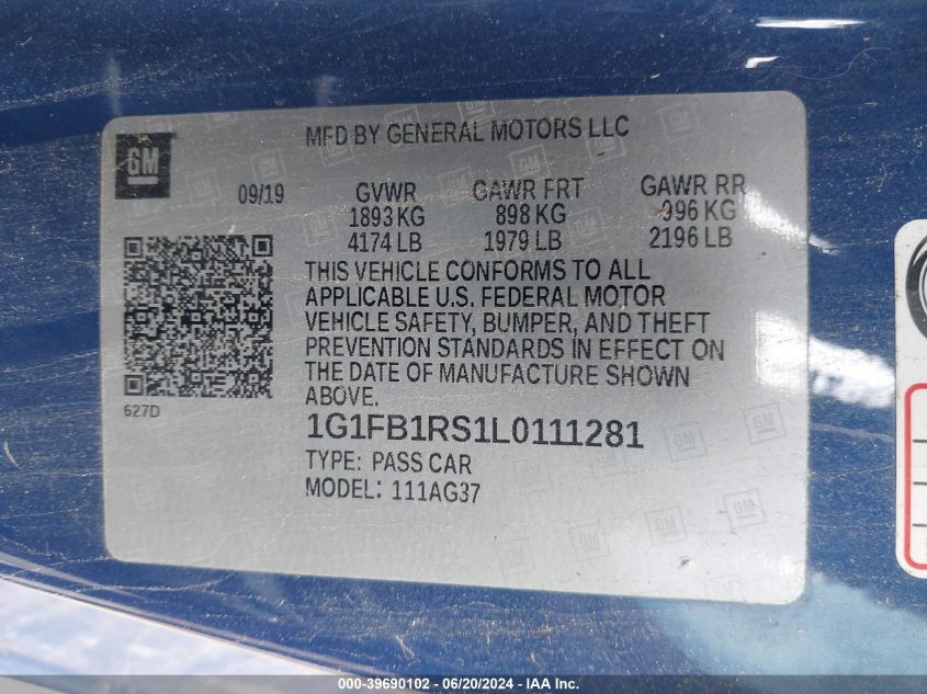 2020 Chevrolet Camaro Rwd 1Lt VIN: 1G1FB1RS1L0111281 Lot: 39690102