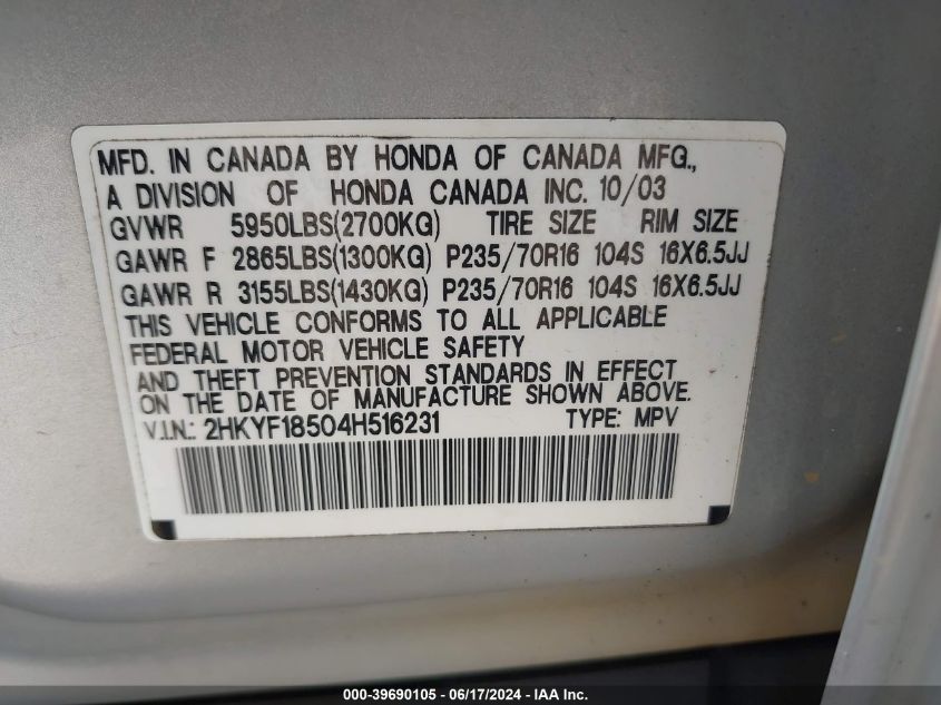 2004 Honda Pilot Ex-L VIN: 2HKYF18504H516231 Lot: 39690105