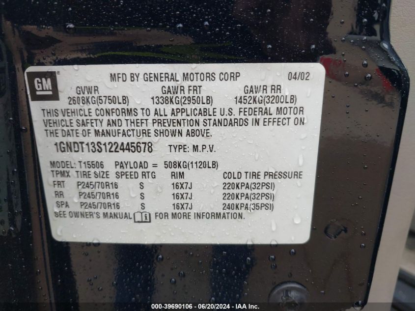 2002 Chevrolet Trailblazer Ls VIN: 1GNDT13S122445678 Lot: 39690106