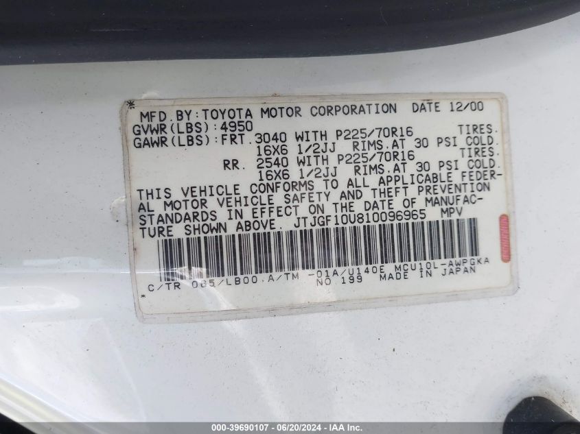 2001 Lexus Rx 300 VIN: JTJGF10U810096965 Lot: 39690107