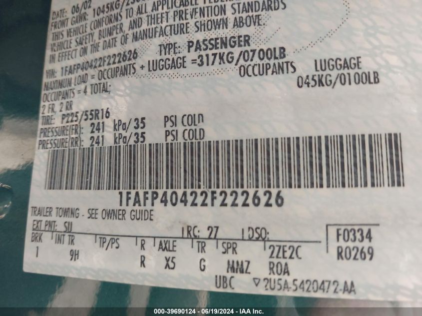 2002 Ford Mustang VIN: 1FAFP40422F222626 Lot: 39690124