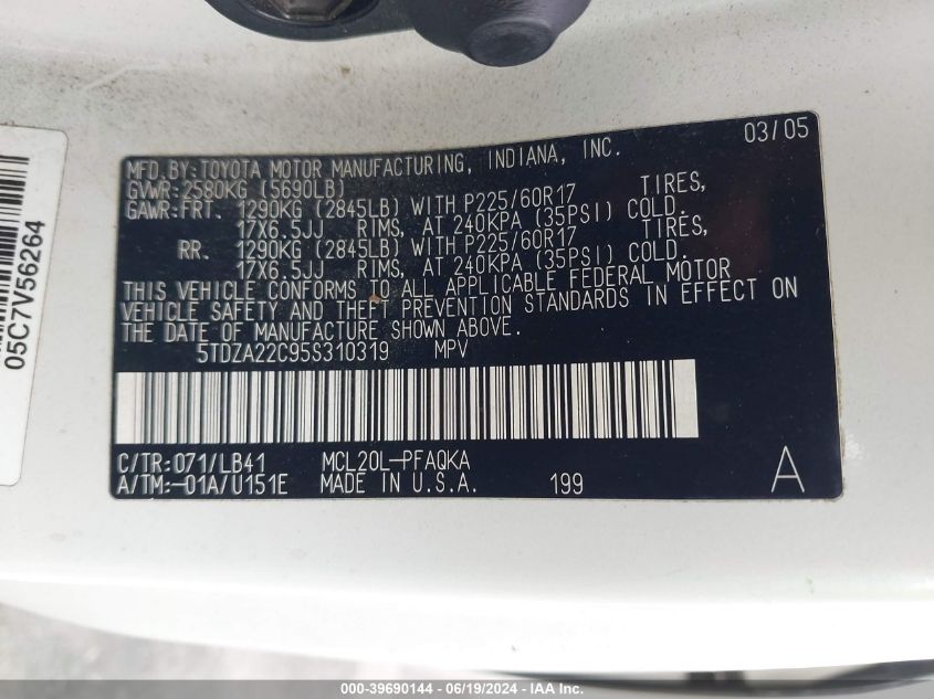 2005 Toyota Sienna Xle VIN: 5TDZA22C95S310319 Lot: 39690144