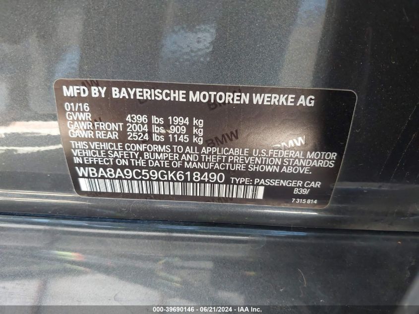 2016 BMW 320 I VIN: WBA8A9C59GK618490 Lot: 39690146