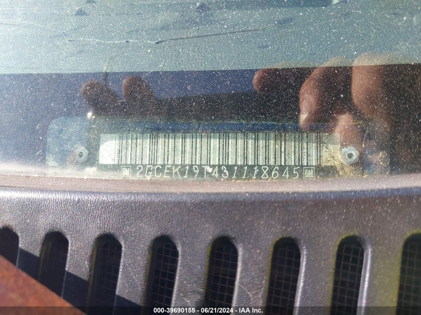 2003 Chevrolet Silverado K1500 VIN: 2GCEK19T431118645 Lot: 39690155