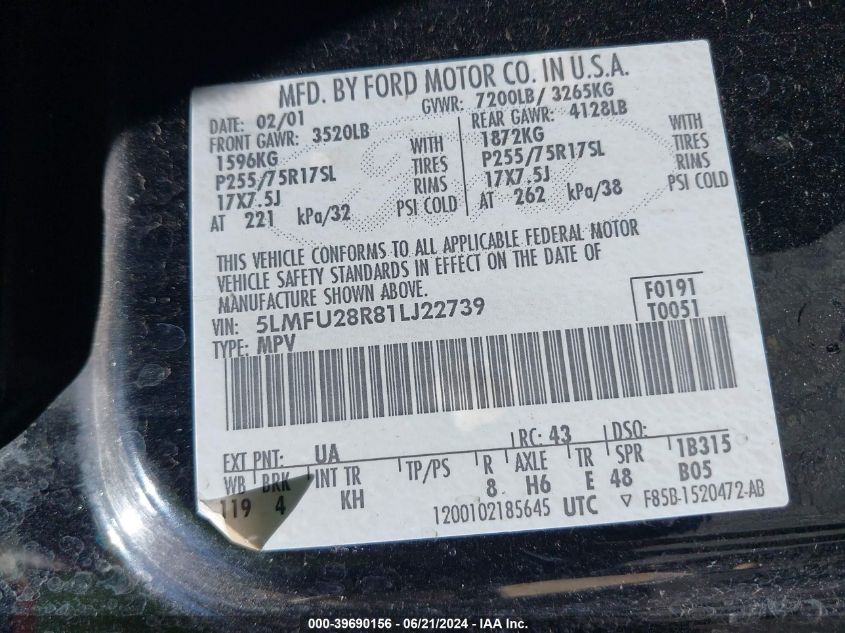 2001 Lincoln Navigator VIN: 5LMFU28R81LJ22739 Lot: 39690156