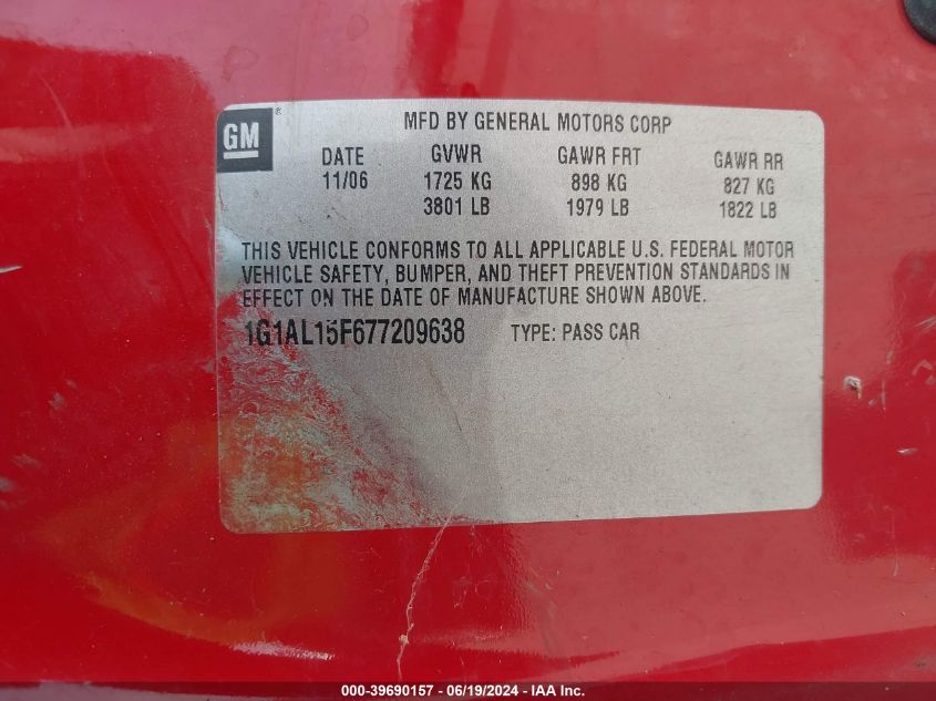 2007 Chevrolet Cobalt Lt VIN: 1G1AL15F677209638 Lot: 39690157