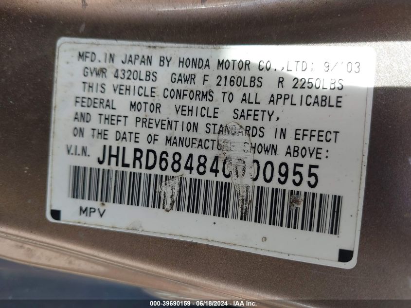 2004 Honda Cr-V Lx VIN: JHLRD68484C000955 Lot: 39690159