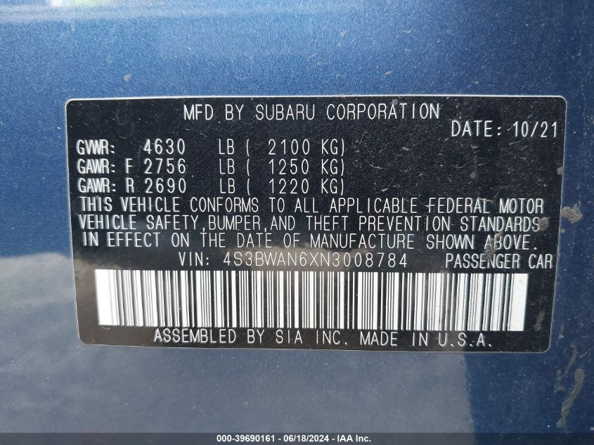 2022 Subaru Legacy Limited VIN: 4S3BWAN6XN3008784 Lot: 39690161