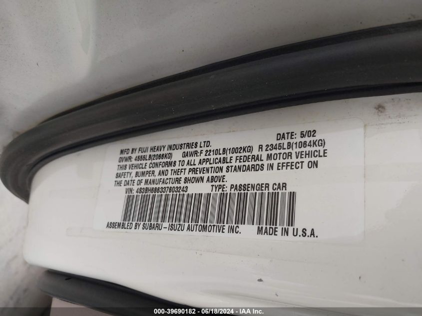 2003 Subaru Outback Limited VIN: 4S3BH686337603243 Lot: 39690182