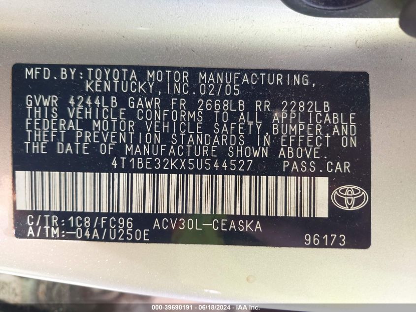 2005 Toyota Camry Se VIN: 4T1BE32KX5U544527 Lot: 39690191