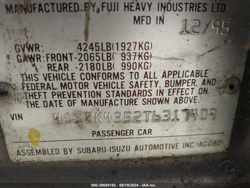 1996 Subaru Legacy L VIN: 4S3BK4352T6317409 Lot: 39690192