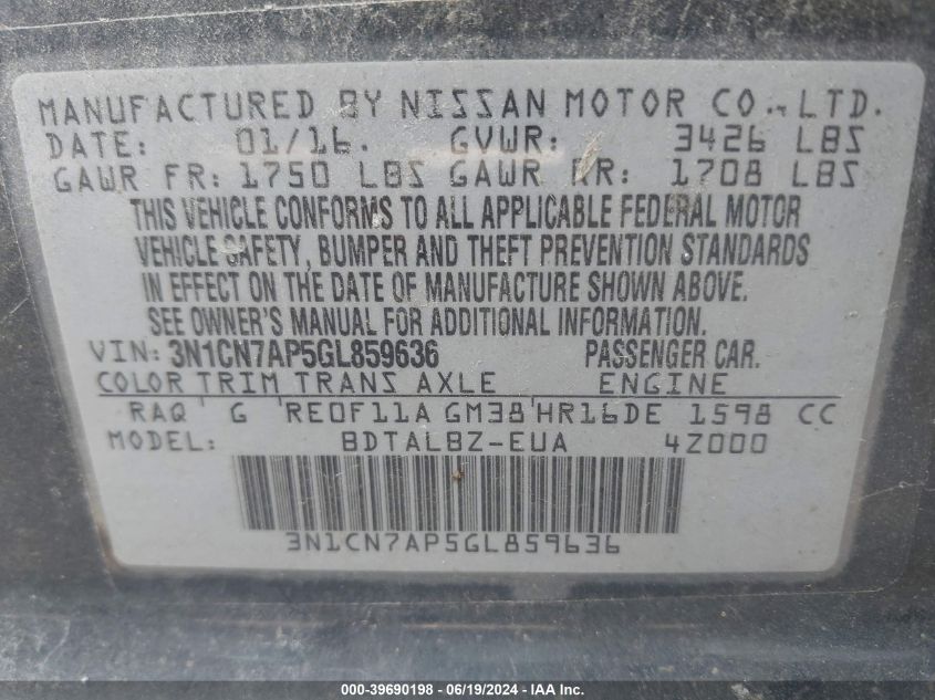 2016 Nissan Versa 1.6 Sv VIN: 3N1CN7AP5GL859636 Lot: 39690198