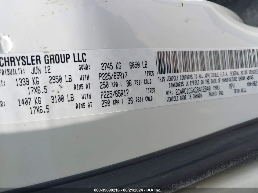 2012 Chrysler Town & Country Touring-L VIN: 2C4RC1CGXCR412840 Lot: 39690216