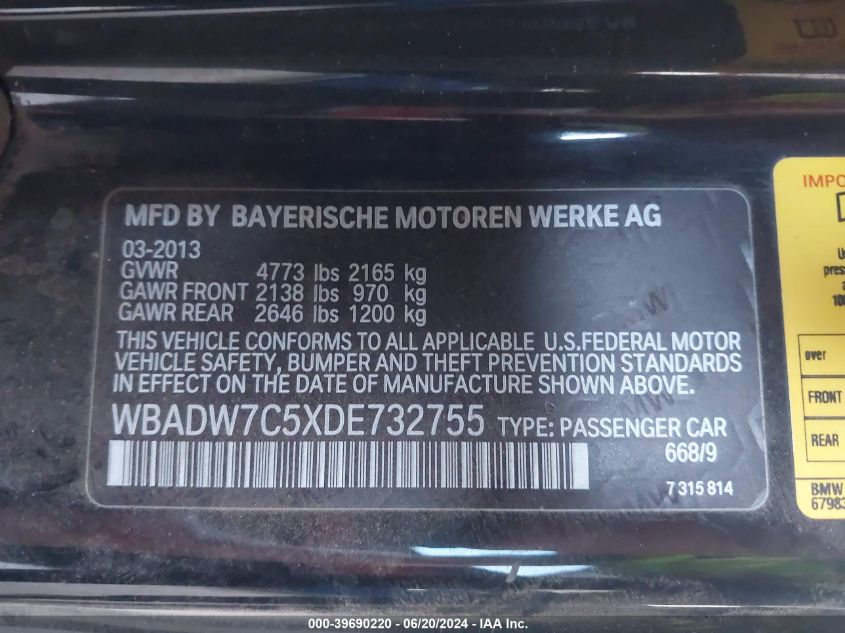2013 BMW 328 I Sulev VIN: WBADW7C5XDE732755 Lot: 39690220