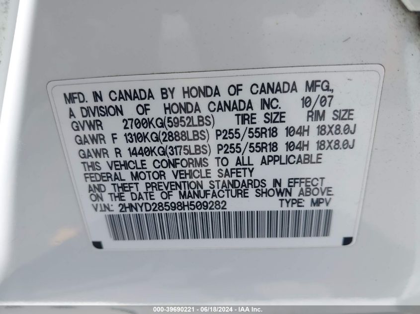 2008 Acura Mdx Sport Package VIN: 2HNYD28598H509282 Lot: 39690221