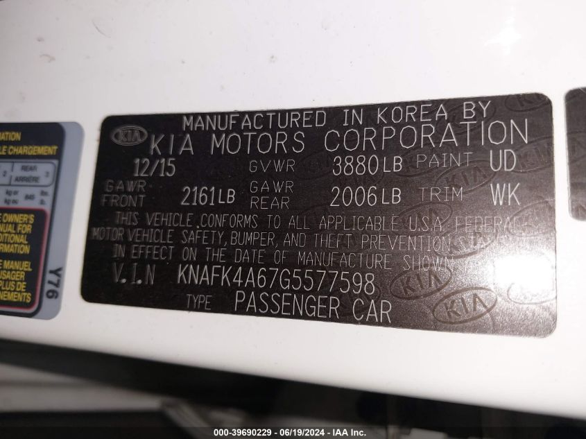 2016 Kia Forte Lx VIN: KNAFK4A67G5577598 Lot: 39690229