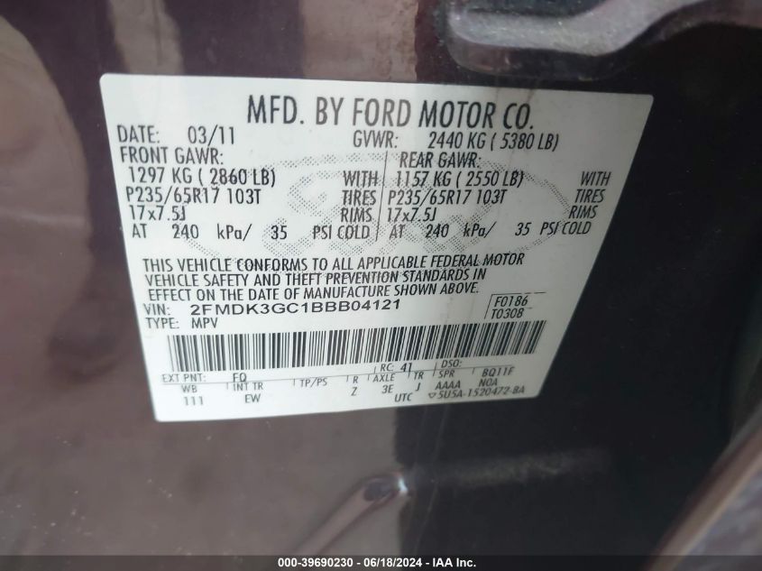 2011 Ford Edge Se VIN: 2FMDK3GC1BBB04121 Lot: 39690230