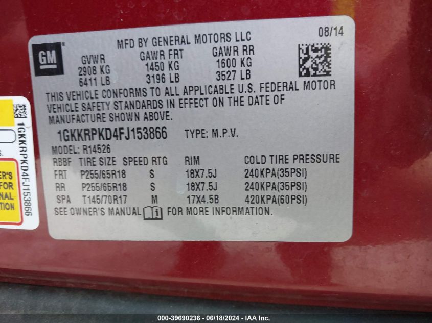 2015 GMC Acadia Sle-2 VIN: 1GKKRPKD4FJ153866 Lot: 39690236