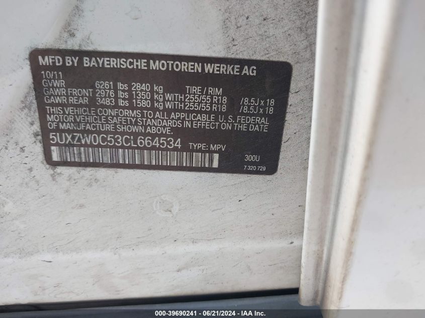 2012 BMW X5 xDrive35D VIN: 5UXZW0C53CL664534 Lot: 39690241