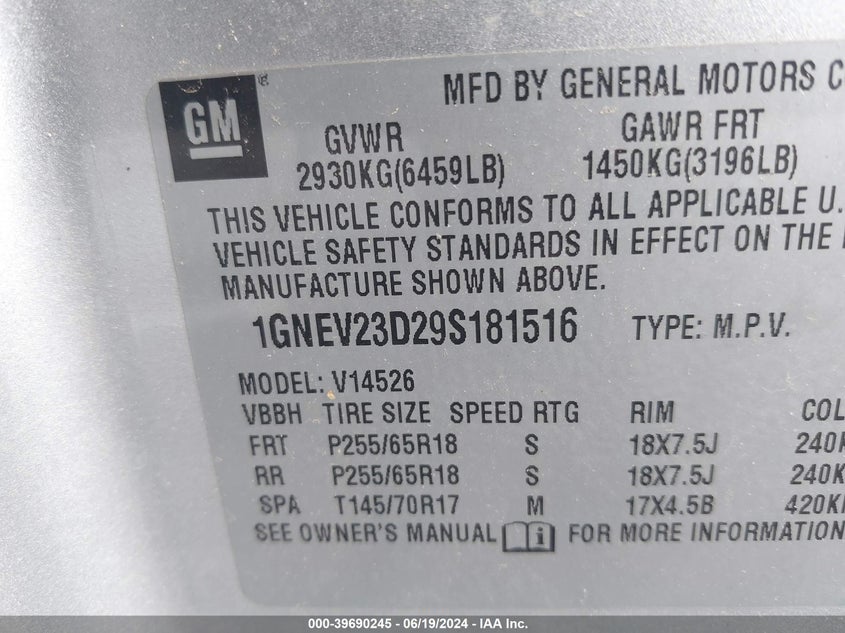 2009 Chevrolet Traverse Lt VIN: 1GNEV23D29S181516 Lot: 39690245