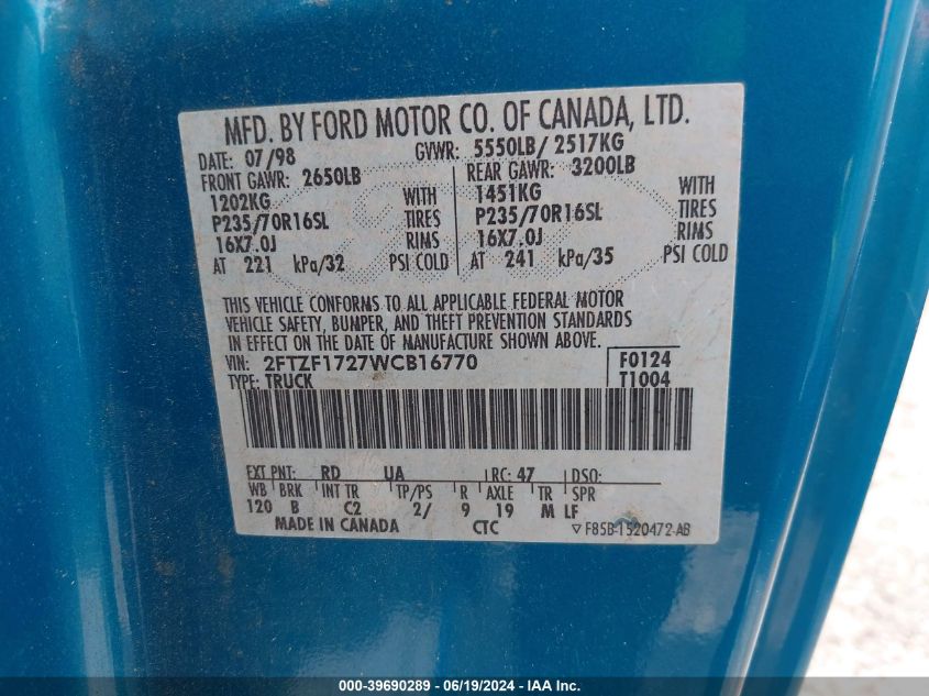 1998 Ford F-150 Standard/Xl/Xlt VIN: 2FTZF1727WCB16770 Lot: 39690289