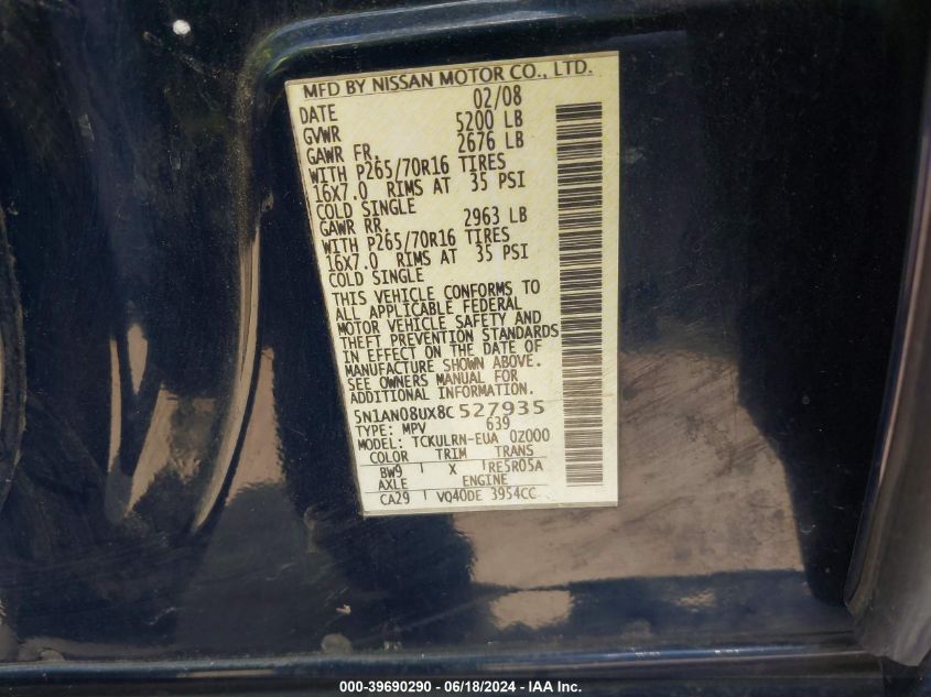 2008 Nissan Xterra S VIN: 5N1AN08UX8C527935 Lot: 39690290