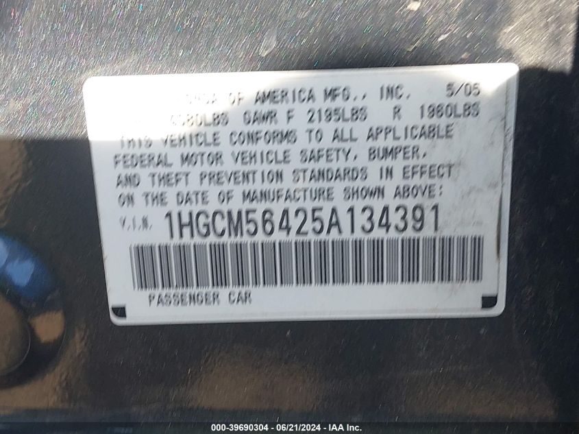 2005 Honda Accord 2.4 Lx VIN: 1HGCM56425A134391 Lot: 39690304