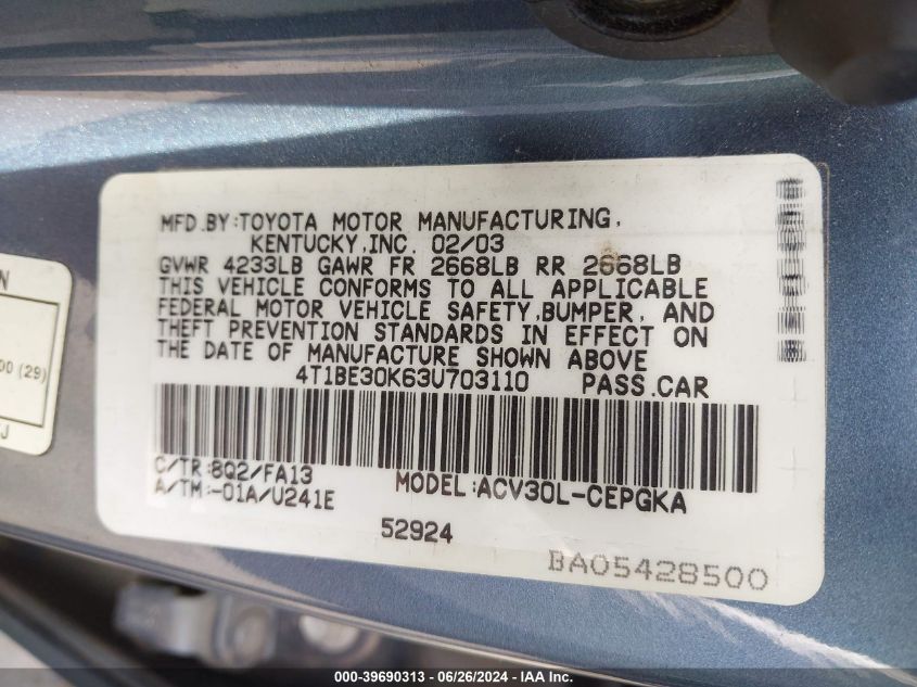2003 Toyota Camry Le/Xle/Se VIN: 4T1BE30K63U703110 Lot: 39690313
