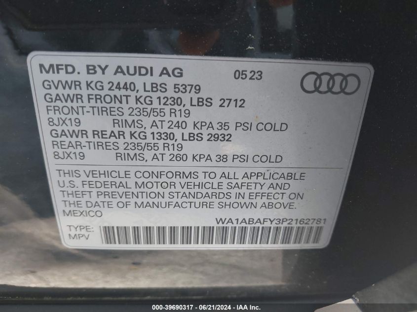 2023 Audi Q5 Premium 40 Tfsi Quattro S Tronic VIN: WA1ABAFY3P2162781 Lot: 39690317