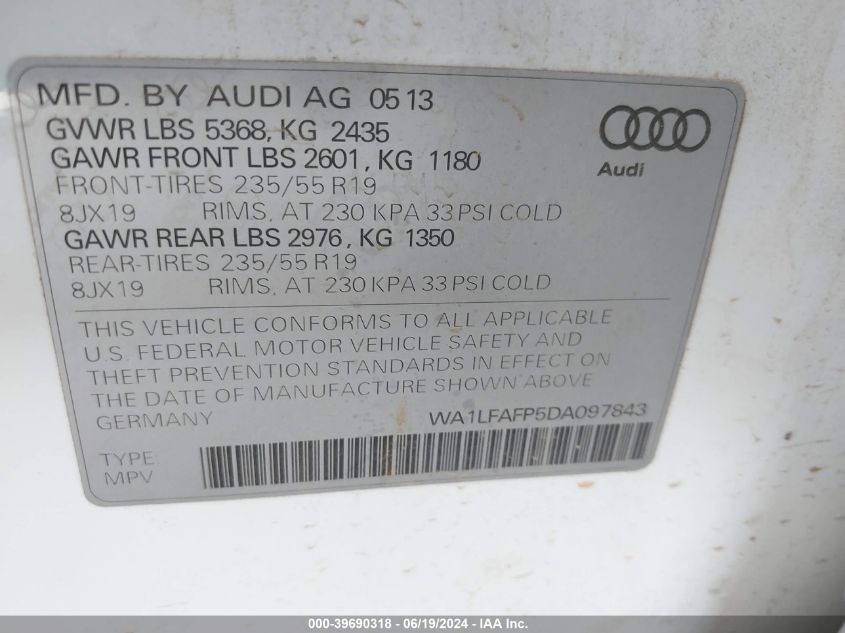 2013 Audi Q5 2.0T Premium VIN: WA1LFAFP5DA097843 Lot: 39690318