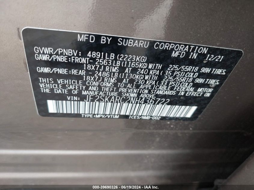 2022 Subaru Forester Touring VIN: JF2SKARC2NH436722 Lot: 39690326