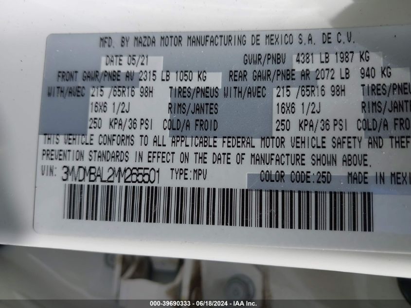 2021 Mazda Cx-30 2.5 S VIN: 3MVDMBAL2MM265501 Lot: 39690333