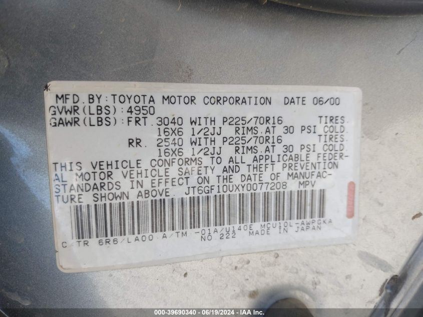 2000 Lexus Rx 300 VIN: JT6GF10UXY0077208 Lot: 39690340