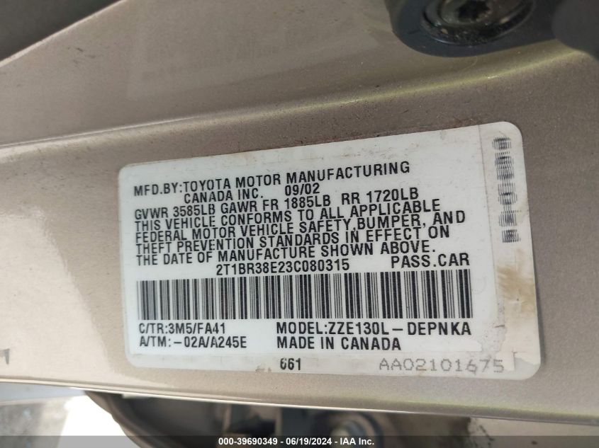 2003 Toyota Corolla Ce/Le/S VIN: 2T1BR38E23C080315 Lot: 39690349