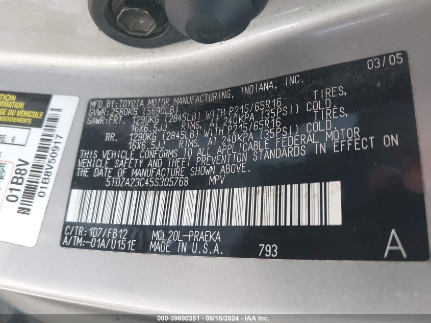 2005 Toyota Sienna Le VIN: 5TDZA23C45S305768 Lot: 39690351