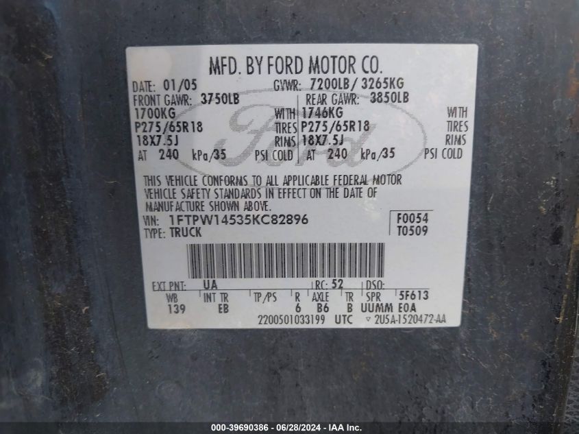 2005 Ford F-150 Fx4/Lariat/Xlt VIN: 1FTPW14535KC82896 Lot: 39690386