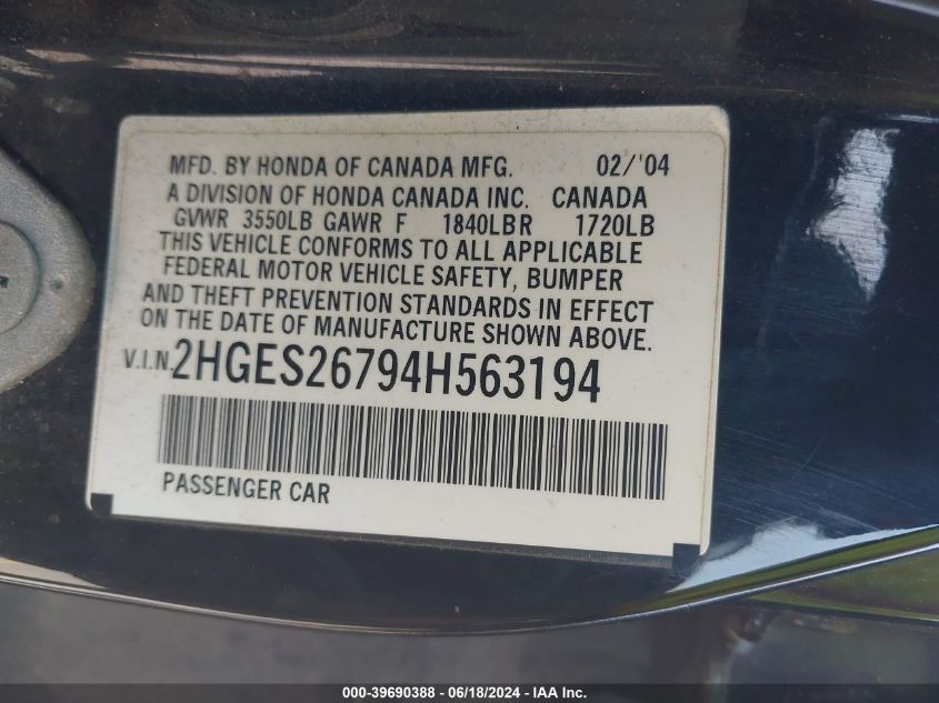 2004 Honda Civic Ex VIN: 2HGES26794H563194 Lot: 39690388