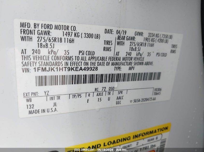 2019 Ford Expedition Max Xlt VIN: 1FMJK1HT9KEA49928 Lot: 39690391